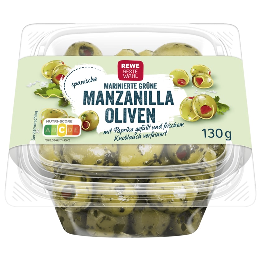REWE Beste Wahl Grüne Oliven gefüllt mit Paprika 130g